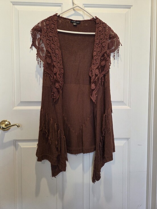 Double Zero Sweaters - Double Zero Boho Lace Fringe Cardigan Maroon Size M